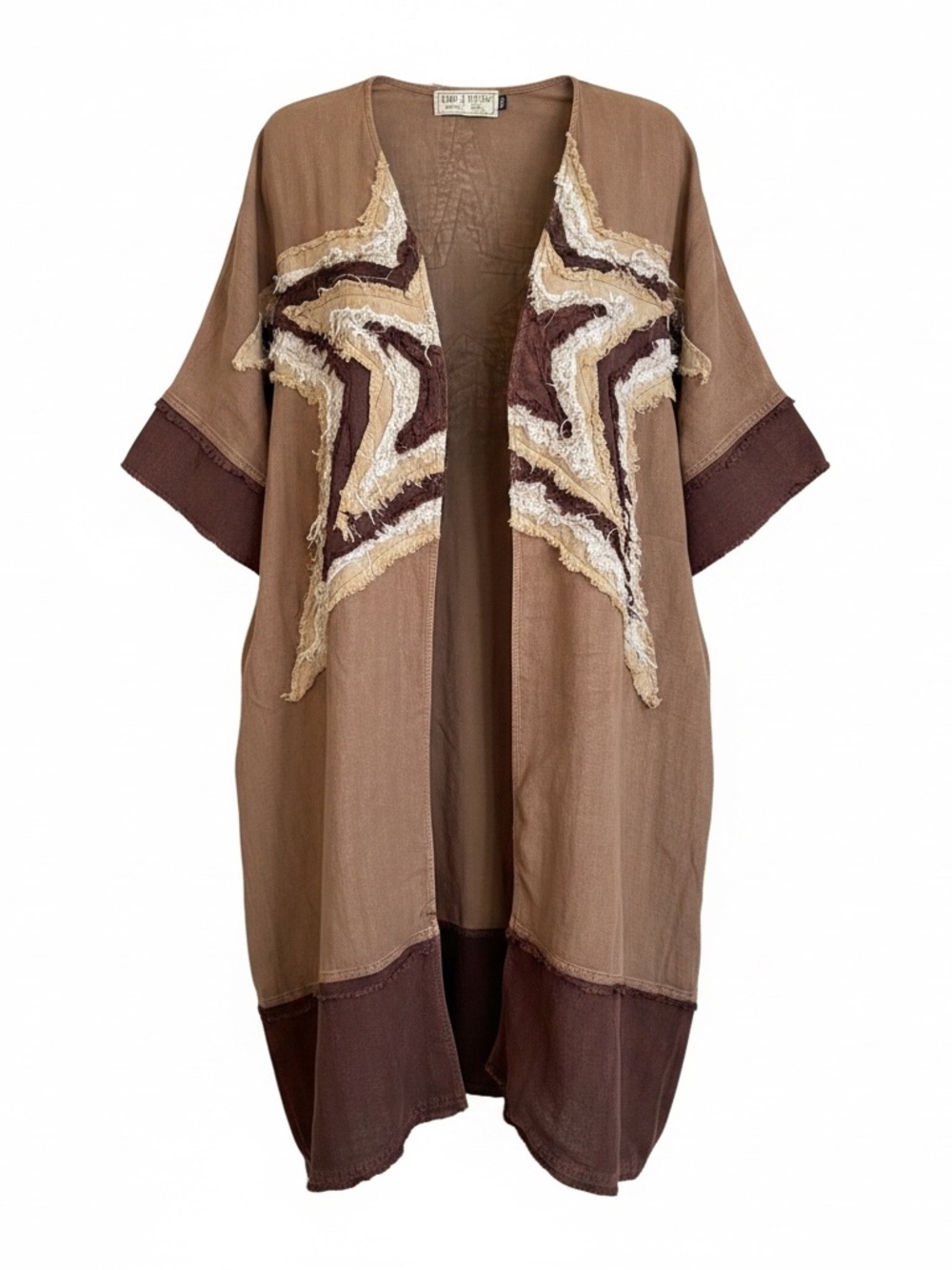 Boho Star-Embellished Open Duster - Browns, Maroons, Mauve tones